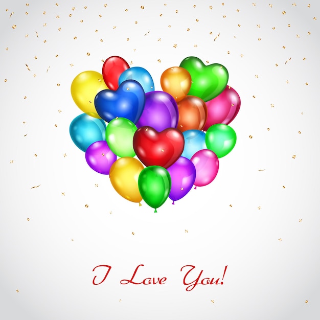 Fond avec bouquet de ballons colorés en forme de coeur et inscription je t'aime