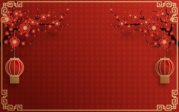 Vecteur fond de cadre chinois couleur rouge et or avec des éléments asiatiques