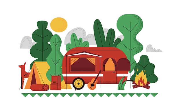 Fond de camp en plein air Scène d'été de pique-nique Doodle avec tente de caravane Van automobile touristique Forêt ou feu de camp Vacances de camping Paysage naturel Illustration vectorielle de voyage actif