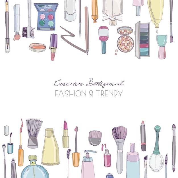 Fond carré de cosmétiques de mode avec des objets d'artiste de maquillage. illustration dessinée à la main avec place pour le texte.