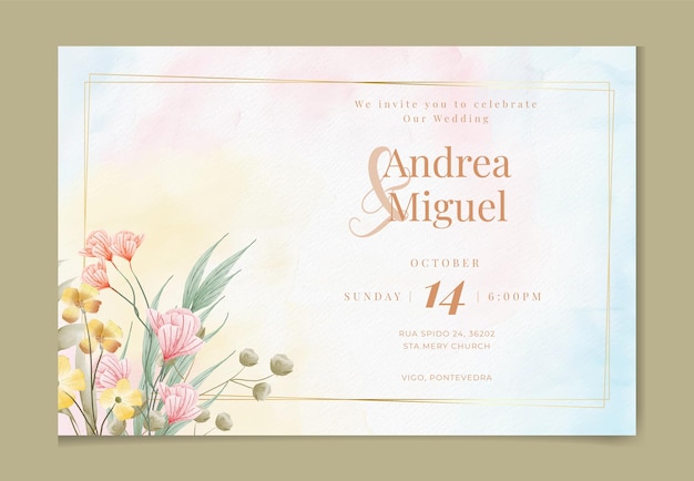 Fond De Carte D'invitation De Mariage Floral Aquarelle Avec Nature Dorée