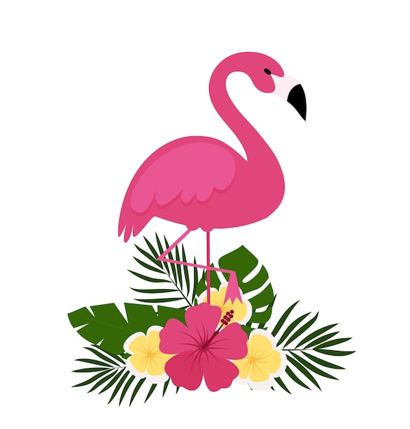 Fond De Carte Postale D'été Avec Des Plantes Tropicales Et Des Fleurs Flamants Roses Pour L'illustration Vectorielle D'invitation De Fête D'affiche De Bannière Typographique Eps 10