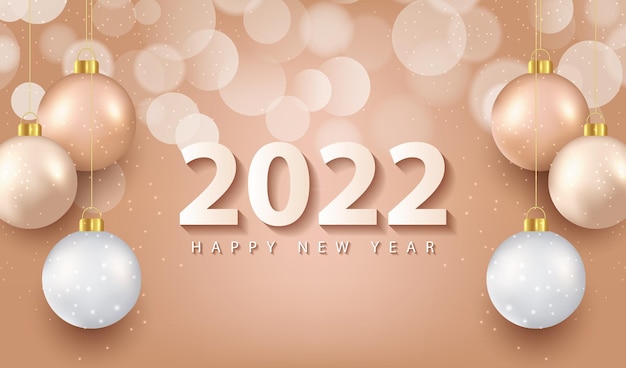 Vecteur fond de carte de voeux de bonne année 2022 avec des boules dorées réalistes