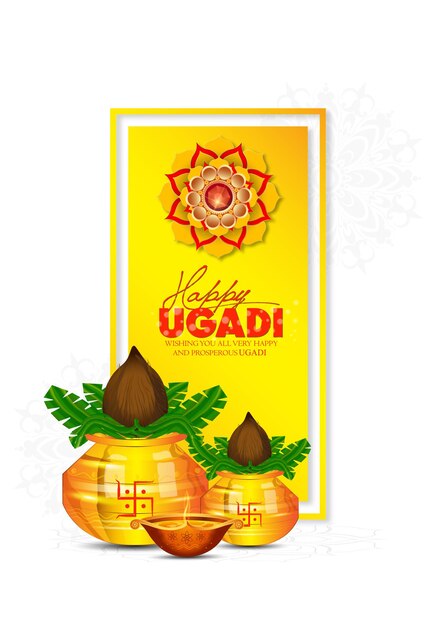 Vecteur fond de carte de voeux happy ugadi avec kalash décoré