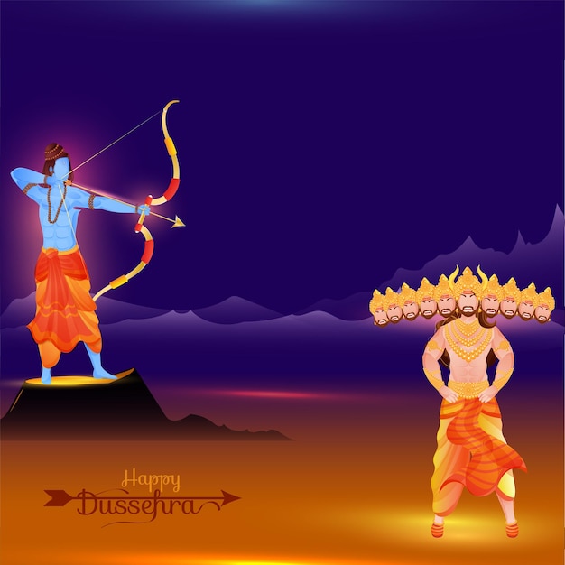 Fond de célébration Happy Dussehra avec la mythologie hindoue Lord Rama prenant un but contre le roi démon Ravana