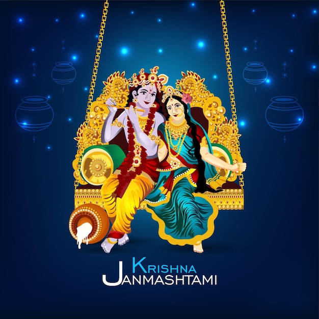 Vecteur fond de célébration de krishna janmashtami avec illustration vectorielle de krishna et radha