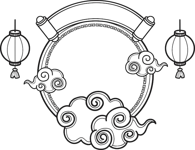 Vecteur fond de cercle chinois dessiné à la main avec illustration de nuages