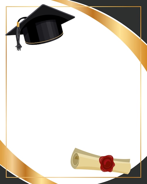 Vecteur fond avec chapeau de graduation et certificat de papyrus design noir doré pour le diplôme de fin d'études