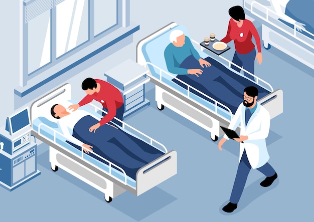 Fond de charité de bénévolat isométrique avec des personnes s'occupant d'hommes malades à l'hôpital illustration vectorielle 3d