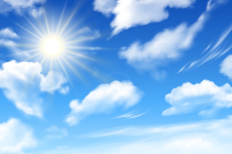 Vecteur fond de ciel bleu avec des nuages blancs et du soleil. effet nuageux realstic.