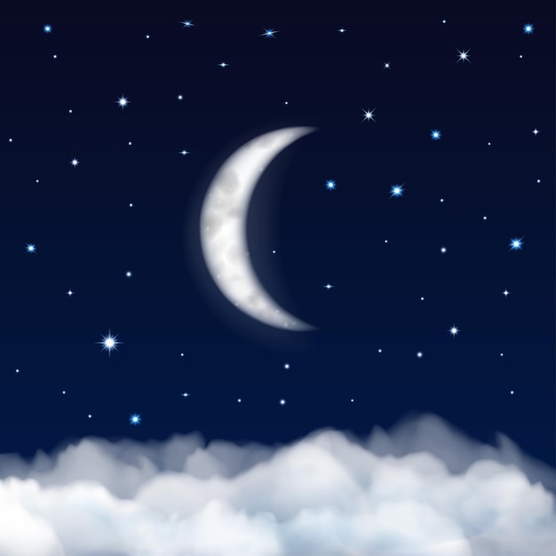 Vecteur fond de ciel nocturne avec la lune, les étoiles et les nuages
