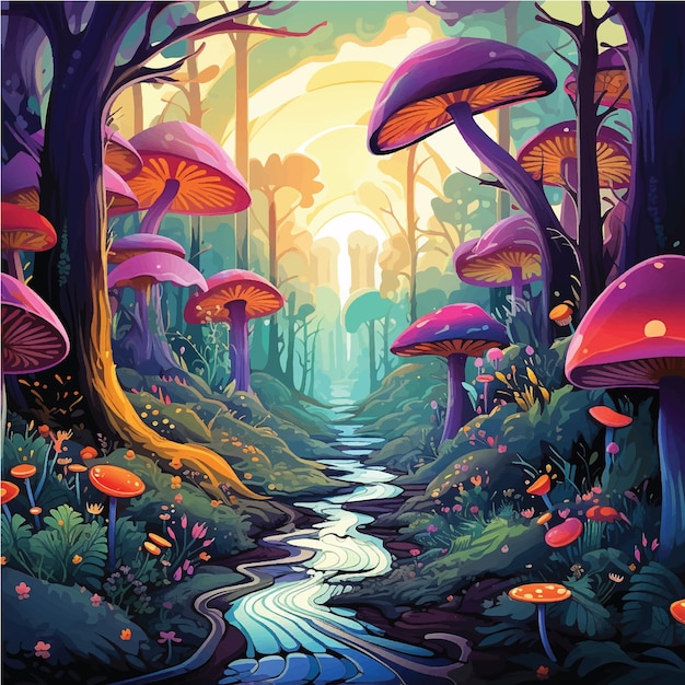 Fond Coloré Avec Chemin Forestier Magique Beaux Arbres Et Champignons Fabuleux Fantastique