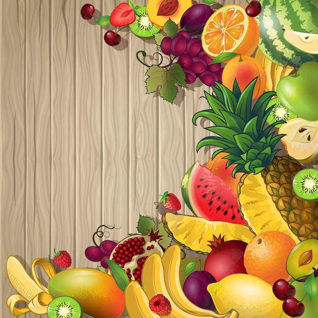 Vecteur fond coloré de fruits avec ensemble de différents fruits et baies sur table en bois