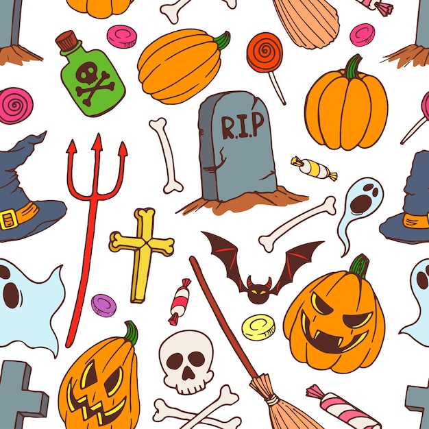 Fond coloré sans couture des symboles d'halloween de vacances. illustration dessinée à la main