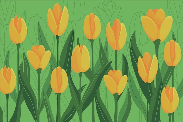 Fond coloré avec des tulipes jaunes et des feuilles