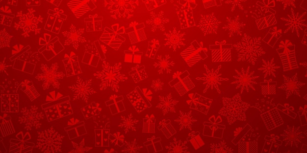 Fond Composé De Flocons De Neige De Noël Complexes Et De Coffrets Cadeaux Avec Différents Motifs Aux Couleurs Rouges