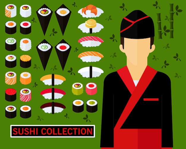 Fond de concept de collection de sushi. Icônes plates