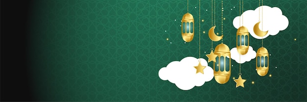Fond De Conception De Bannière Large Coloré Vert Et Or Premium Ramadhan