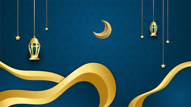 Fond De Conception Islamique Bleu Arabe Plat Fond De Bannière Universelle Ramadan Kareem Avec Mosquée De Modèle Islamique Lanterne Lune Et éléments Islamiques De Luxe Abstraits