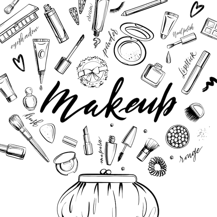 Vecteur fond de cosmétiques noir et blanc avec maquillage de lettrage ensemble de cosmétiques décoratifs dessinés à la main