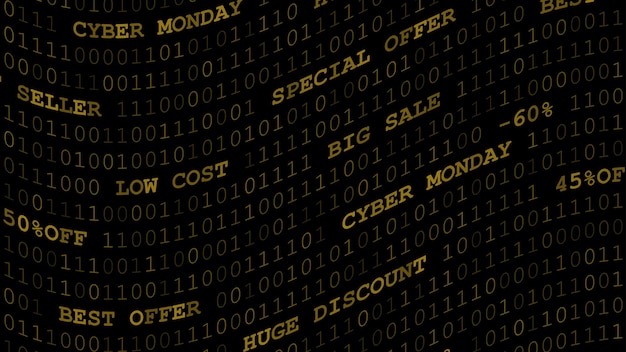 Fond de cyber lundi de zéros, de uns et d'inscriptions dans des couleurs jaune foncé