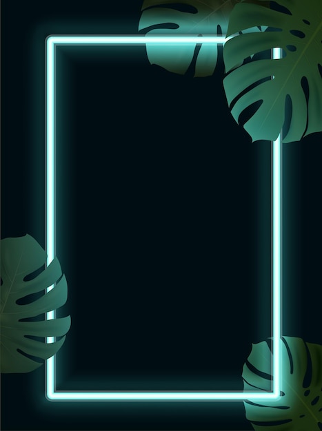 Vecteur fond cyberpunk néon bleu avec des feuilles tropicales. illustration vectorielle.