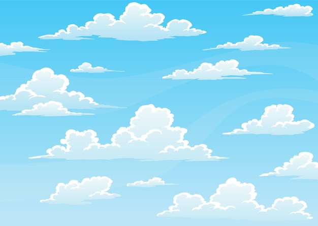 Vecteur fond de dessin animé de ciel cloudscape ciel de jour bleu clair avec des nuages blancs moelleux ciel avec scène extérieure de saison d'été par temps clair illustration vectorielle