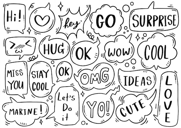 Fond dessiné à la main Ensemble de texte de bulle de discours mignon dans un style doodle