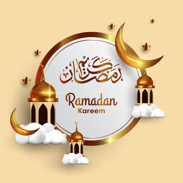 Vecteur fond doré 3d ramadan kareem avec nuage de dôme d'étoiles de lune et illustration vectorielle islamique de calligraphie arabe