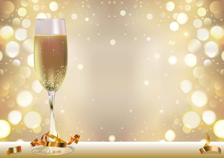 Vecteur fond doré de bokeh avec verre de champagne