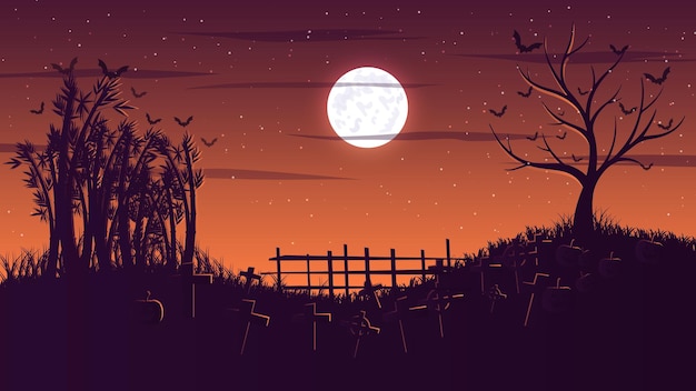 Vecteur fond d'écran d'illustration de citrouille de paysage de nuit d'halloween