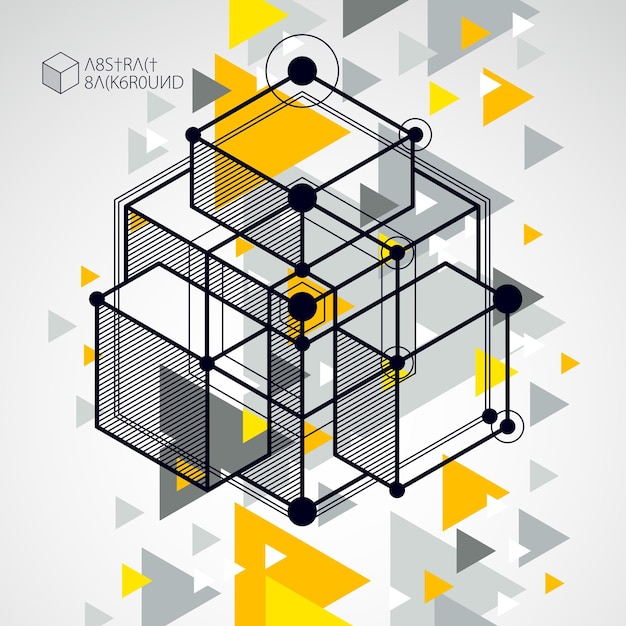 Fond d'écran jaune vecteur de technologie d'ingénierie fait avec des cubes et des lignes 3D. Papier peint technologique d'ingénierie fait avec des nids d'abeilles. Contexte technique abstrait.