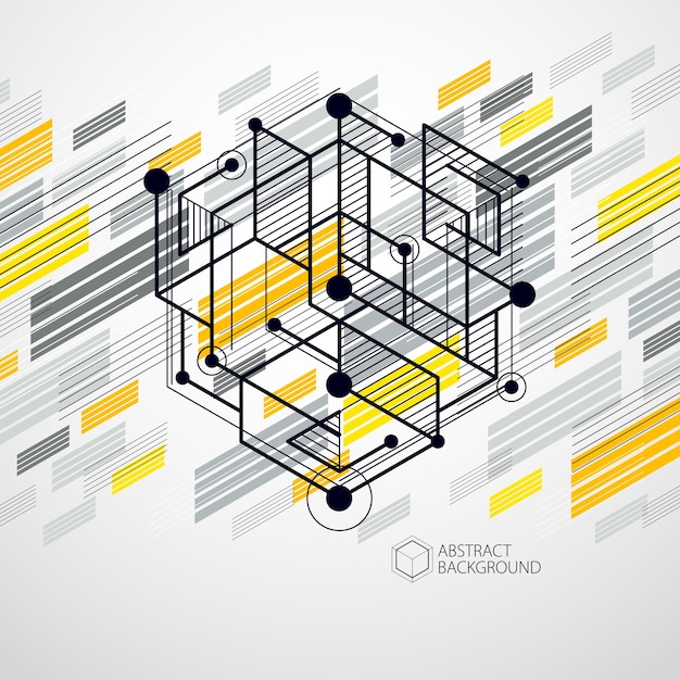 Fond d'écran jaune vecteur de technologie d'ingénierie fait avec des cubes et des lignes 3D. Papier peint technologique d'ingénierie fait avec des nids d'abeilles. Contexte technique abstrait.