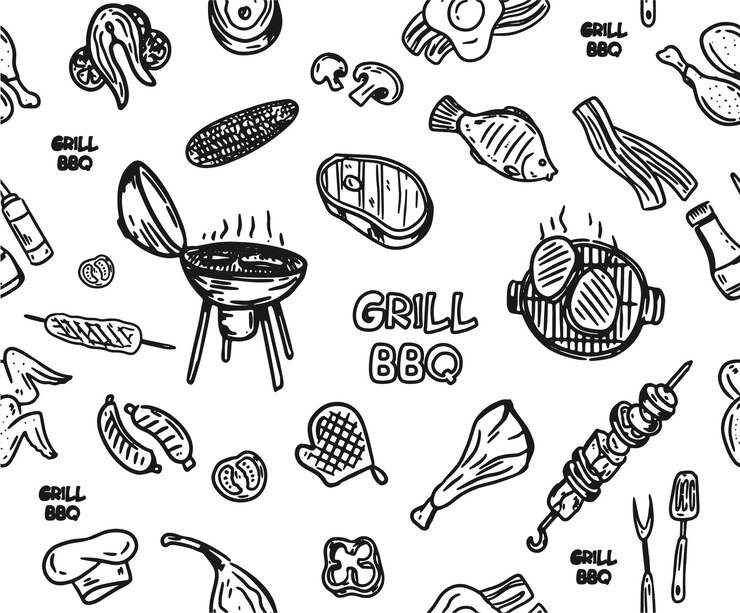 fond d'écran vectoriel continu d'images de plats cuits sur le gril et le feu