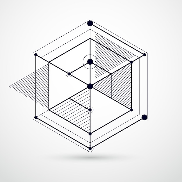 Fond d'écran vectoriel noir et blanc de la technologie d'ingénierie réalisé avec des cubes et des lignes 3D. Papier peint technologique d'ingénierie fait avec des nids d'abeilles. Contexte technique abstrait.
