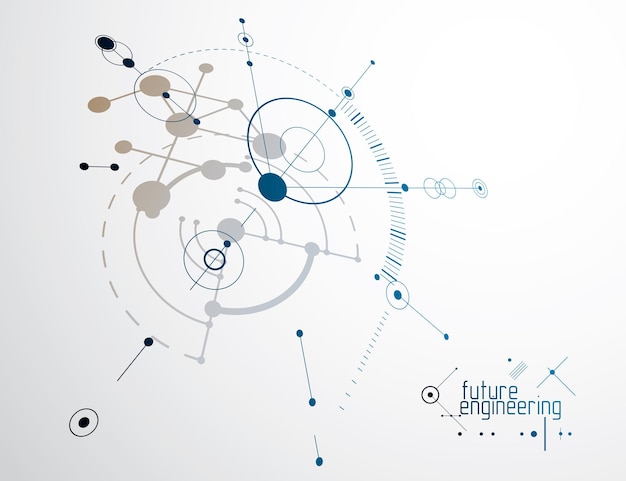 Fond d'écran vectoriel technologique d'ingénierie composé de cercles et de lignes. La composition géométrique moderne peut être utilisée comme modèle et mise en page. Contexte technique abstrait.