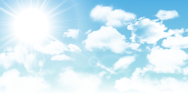 Vecteur fond ensoleillé, ciel bleu avec des nuages blancs et soleil. illustration.