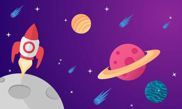 Fond d'espace horizontal avec forme abstraite et planètes Espace de conception Web explorant l'illustration vectorielle