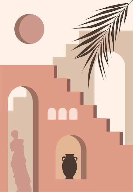 Vecteur fond esthétique moderne abstrait avec escalier de paysage désertique vases de palmier soleil