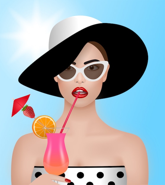 Fond D'été. Belle Femme Avec Chapeau, Lunettes De Soleil Et Illustration De Cocktail