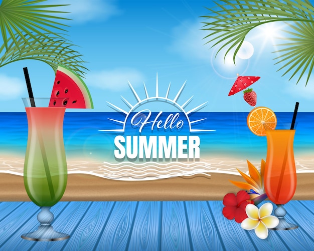 fond d'été avec des cocktails sur une table en bois bleue cocktails d'été sur le paysage de la plage