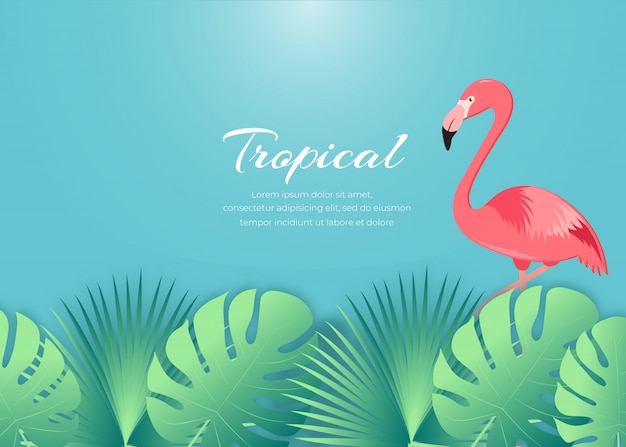 Fond d'été avec des flamants roses et des feuilles tropicales