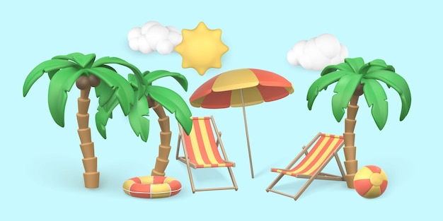 Fond D'été Objets Vectoriels De Rendu Réaliste 3d D'été Palmiers Chaises De Plage Rayéesnuage De Soleil Ballon De Natation Et Anneau Illustration Vectorielle