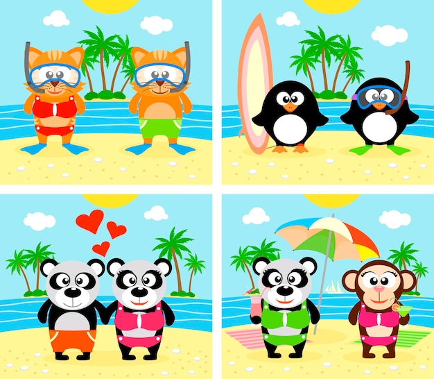 Fond d'été plage dessin animé sertie d'illustration vectorielle animal heureux