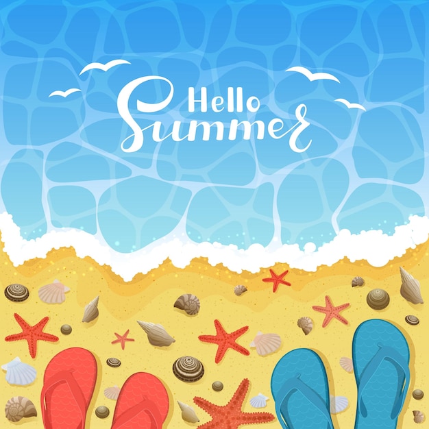 Fond D'été Avec Des Tongs, Des étoiles De Mer Et Des Coquillages Sur La Plage De Sable Le Thème Est Des Vacances Tropicales Avec Lettrage Hello Summer Illustration