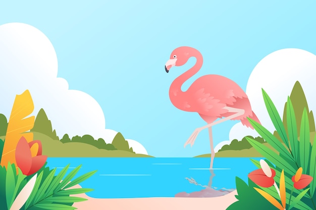 Vecteur fond d'été tropical plat avec flamant rose sur la plage