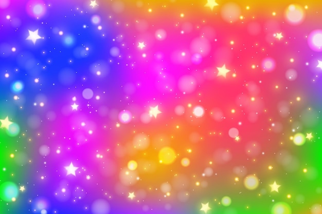 Vecteur fond de fantaisie arc-en-ciel ciel lumineux avec des étoiles bokeh scintille illustration ondulée holographique