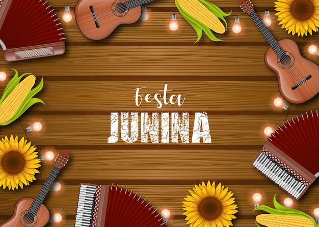 Fond De Festa Junina Avec Maïs, épis, Tournesols, Accordéons, Guitares Et Ampoules