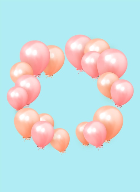 Fond festif avec ballons à l'hélium, objets 3d. Célébrez un anniversaire, affiche, bannière joyeux anniversaire. copier l'espace pour le texte. Ballon vectoriel, couleur rose et bleue. modèle d'histoire sur les réseaux sociaux