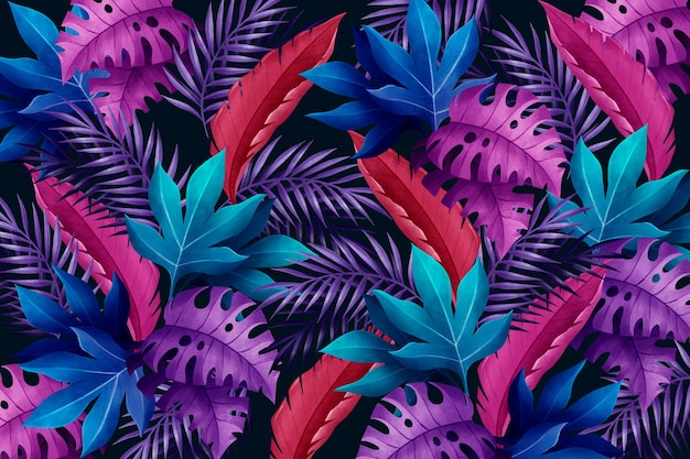 Vecteur fond avec des feuilles tropicales violettes et bleues